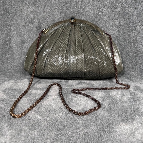 Ashneil 70s Disco Snakeskin Evening Bag Gray Gold Frame Rope Chain Purse w Pouch